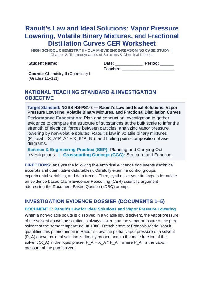 Raoult’s Law and Ideal Solutions: Vapor Pressure Lowering, Volatile Binary Mixtures, and Fractional Distillation Curves CER Phenomena Worksheet sample page
