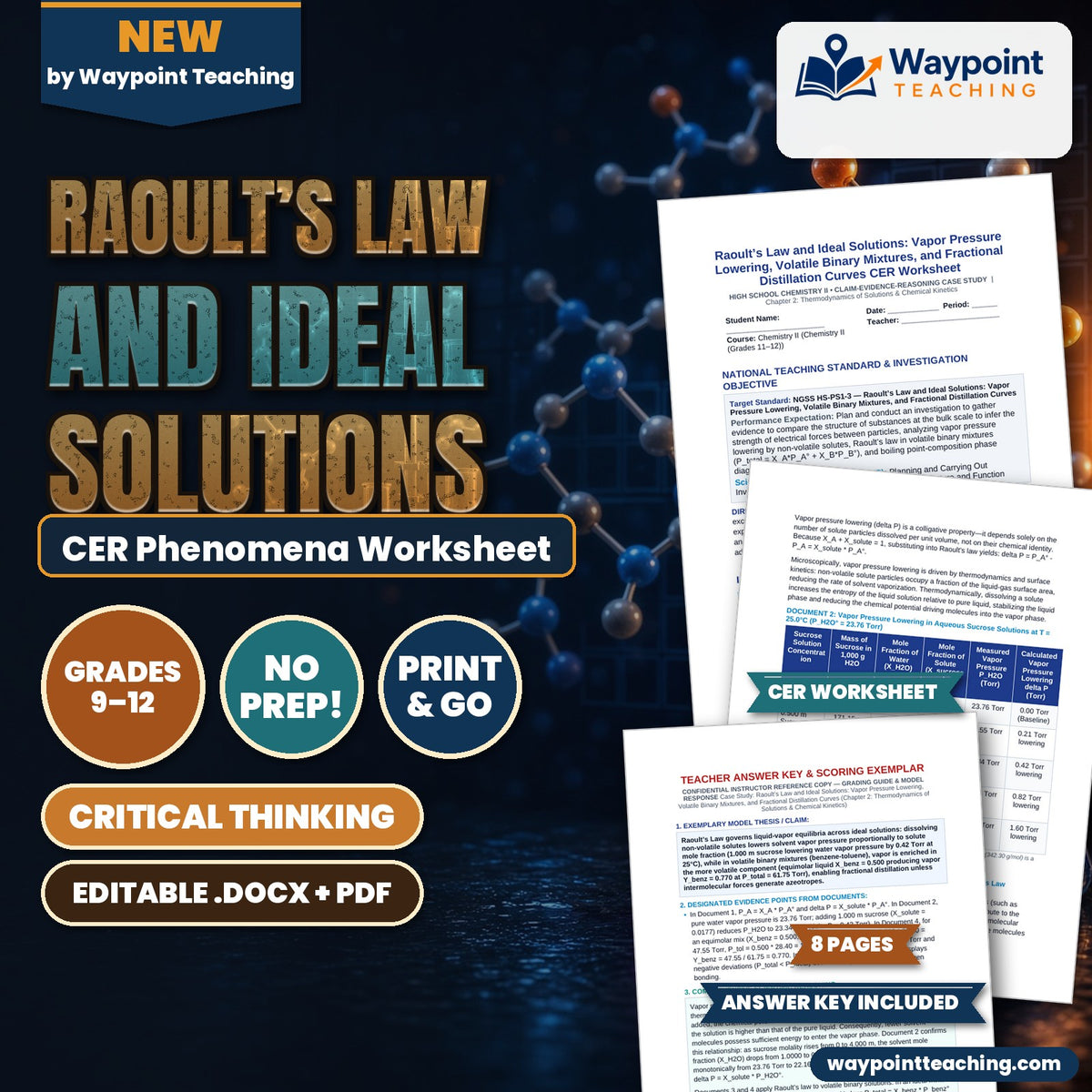 Raoult’s Law and Ideal Solutions: Vapor Pressure Lowering, Volatile Binary Mixtures, and Fractional Distillation Curves CER Phenomena Worksheet cover