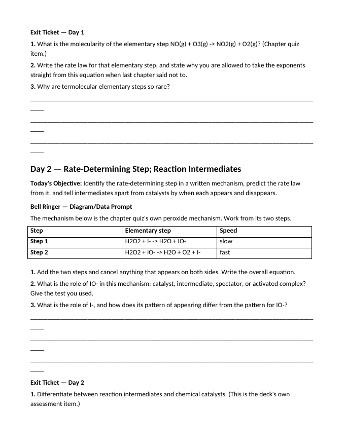 Reaction Mechanisms & Catalysts Bell Ringers & Exit Tickets sample page