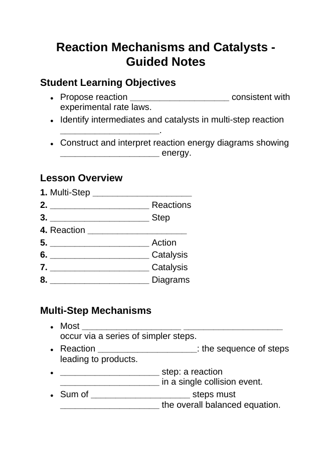 Reaction Mechanisms & Catalysts Guided Notes sample page