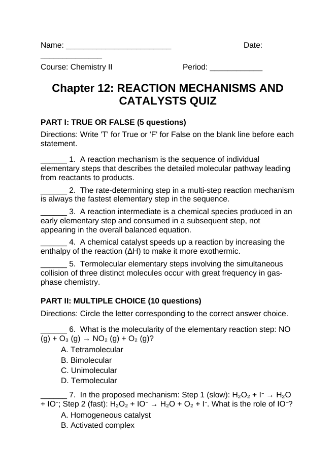 Reaction Mechanisms & Catalysts Lesson Quiz sample page