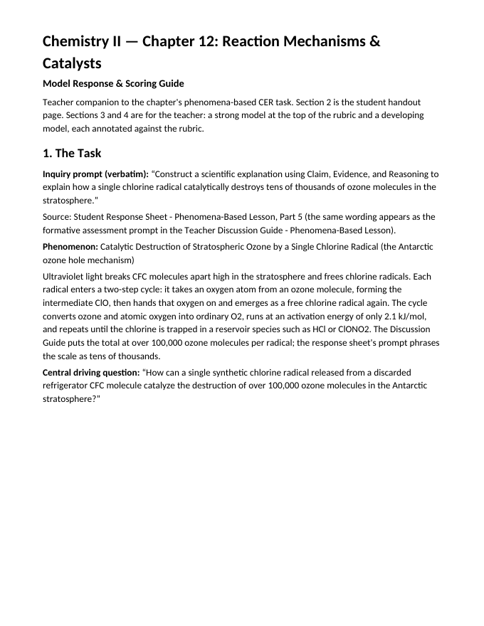 Reaction Mechanisms & Catalysts Model Response & Scoring Guide sample page