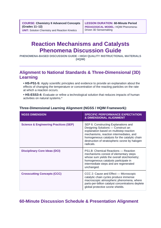 Reaction Mechanisms & Catalysts Phenomena-Based Lesson: Catalytic Destruction of One Hundred Thousand Ozone Molecules by a Single Stratospheric Chlorine Radical Teacher Discussion Guide sample page