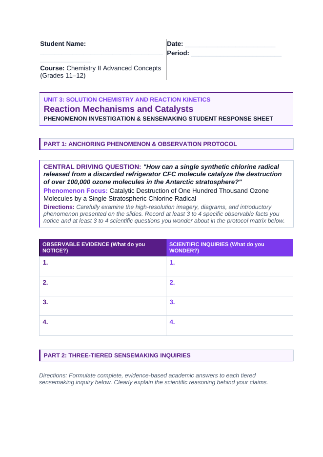 Reaction Mechanisms & Catalysts Phenomena-Based Lesson: Catalytic Destruction of One Hundred Thousand Ozone Molecules by a Single Stratospheric Chlorine Radical Student Response Sheet sample page