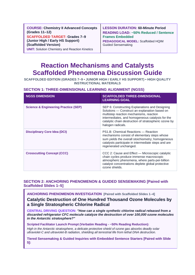 Reaction Mechanisms & Catalysts Scaffolded Phenomena-Based Lesson: Catalytic Destruction of One Hundred Thousand Ozone Molecules by a Single Stratospheric Chlorine Radical Teacher Discussion Guide sample page
