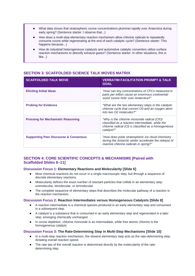 Reaction Mechanisms & Catalysts Scaffolded Phenomena-Based Lesson: Catalytic Destruction of One Hundred Thousand Ozone Molecules by a Single Stratospheric Chlorine Radical Teacher Discussion Guide sample page
