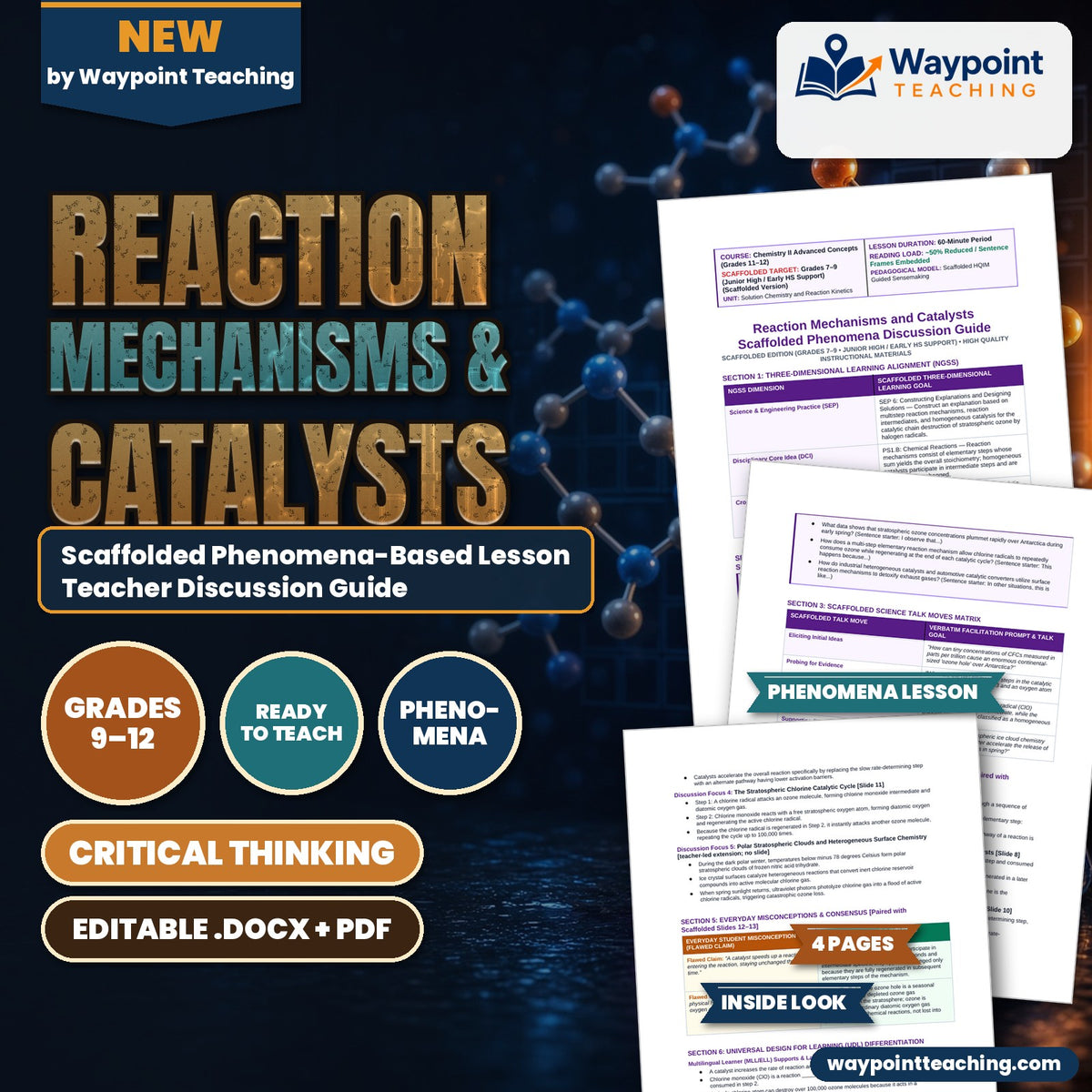 Reaction Mechanisms & Catalysts Scaffolded Phenomena-Based Lesson: Catalytic Destruction of One Hundred Thousand Ozone Molecules by a Single Stratospheric Chlorine Radical Teacher Discussion Guide cover