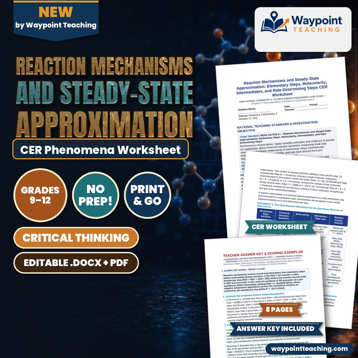 Reaction Mechanisms and Steady-State Approximation: Elementary Steps, Molecularity, Intermediates, and Rate-Determining Steps CER Phenomena Worksheet cover