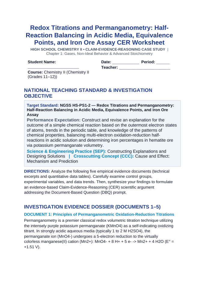 Redox Titrations and Permanganometry: Half-Reaction Balancing in Acidic Media, Equivalence Points, and Iron Ore Assay CER Phenomena Worksheet sample page