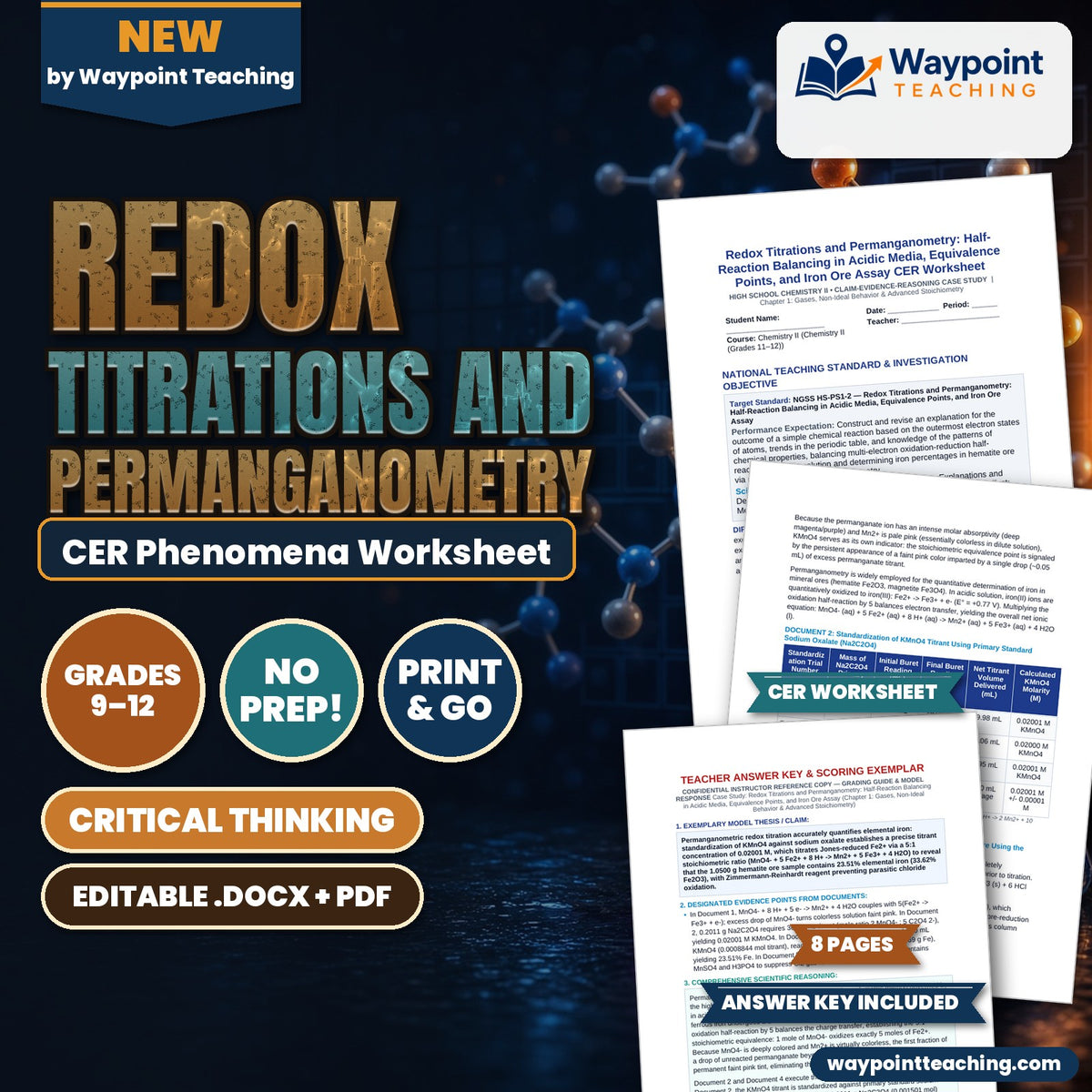 Redox Titrations and Permanganometry: Half-Reaction Balancing in Acidic Media, Equivalence Points, and Iron Ore Assay CER Phenomena Worksheet cover