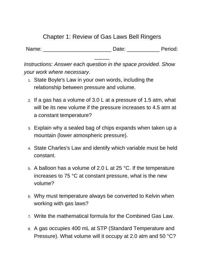 Review of Gas Laws: Boyle's, Charles's, & Combined Gas Law Bell Ringers & Exit Tickets sample page