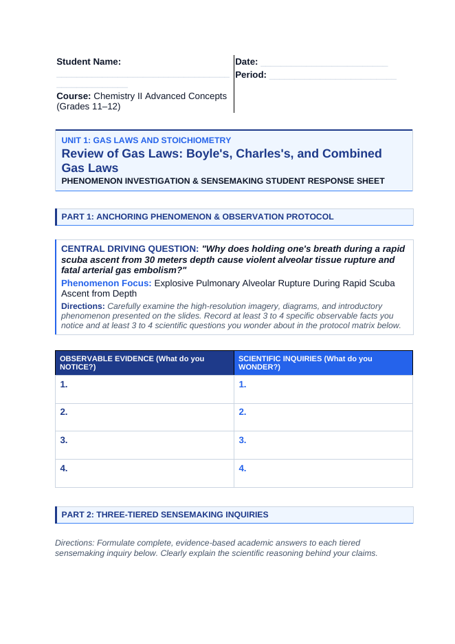 Review of Gas Laws: Boyle's, Charles's, & Combined Gas Law Phenomena-Based Lesson: Explosive Pulmonary Alveolar Rupture During Rapid Scuba Ascent from Depth Student Response Sheet sample page