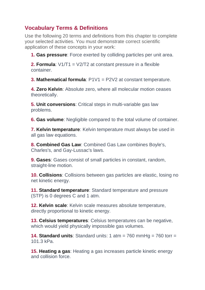 Review of Gas Laws: Boyle's, Charles's, & Combined Gas Law Vocabulary Choice Board sample page