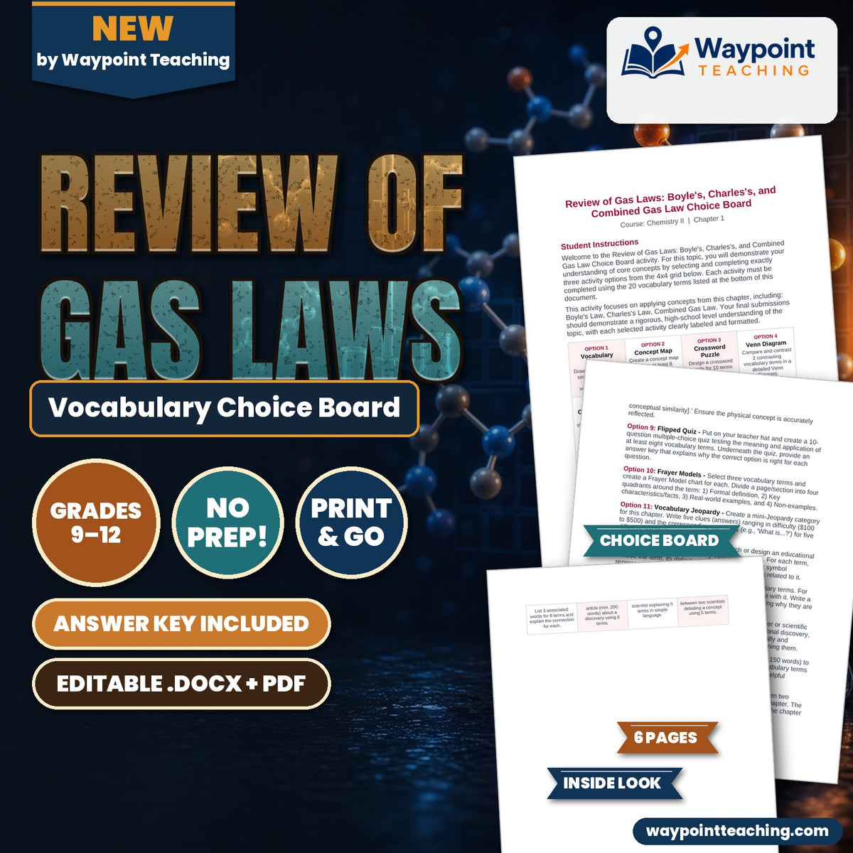 Review of Gas Laws: Boyle's, Charles's, & Combined Gas Law Vocabulary Choice Board cover