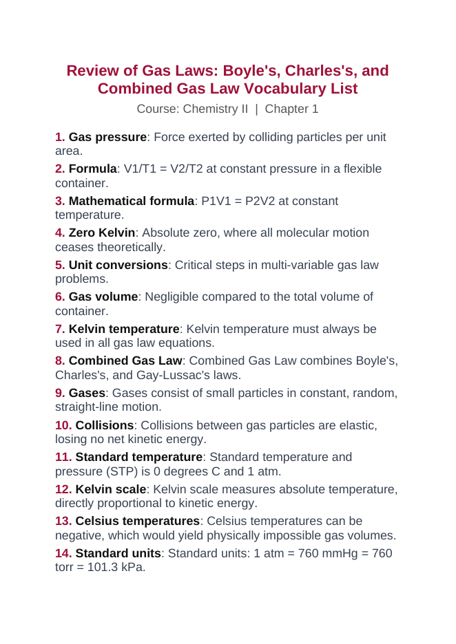 Review of Gas Laws: Boyle's, Charles's, & Combined Gas Law Vocabulary Words & Definitions sample page
