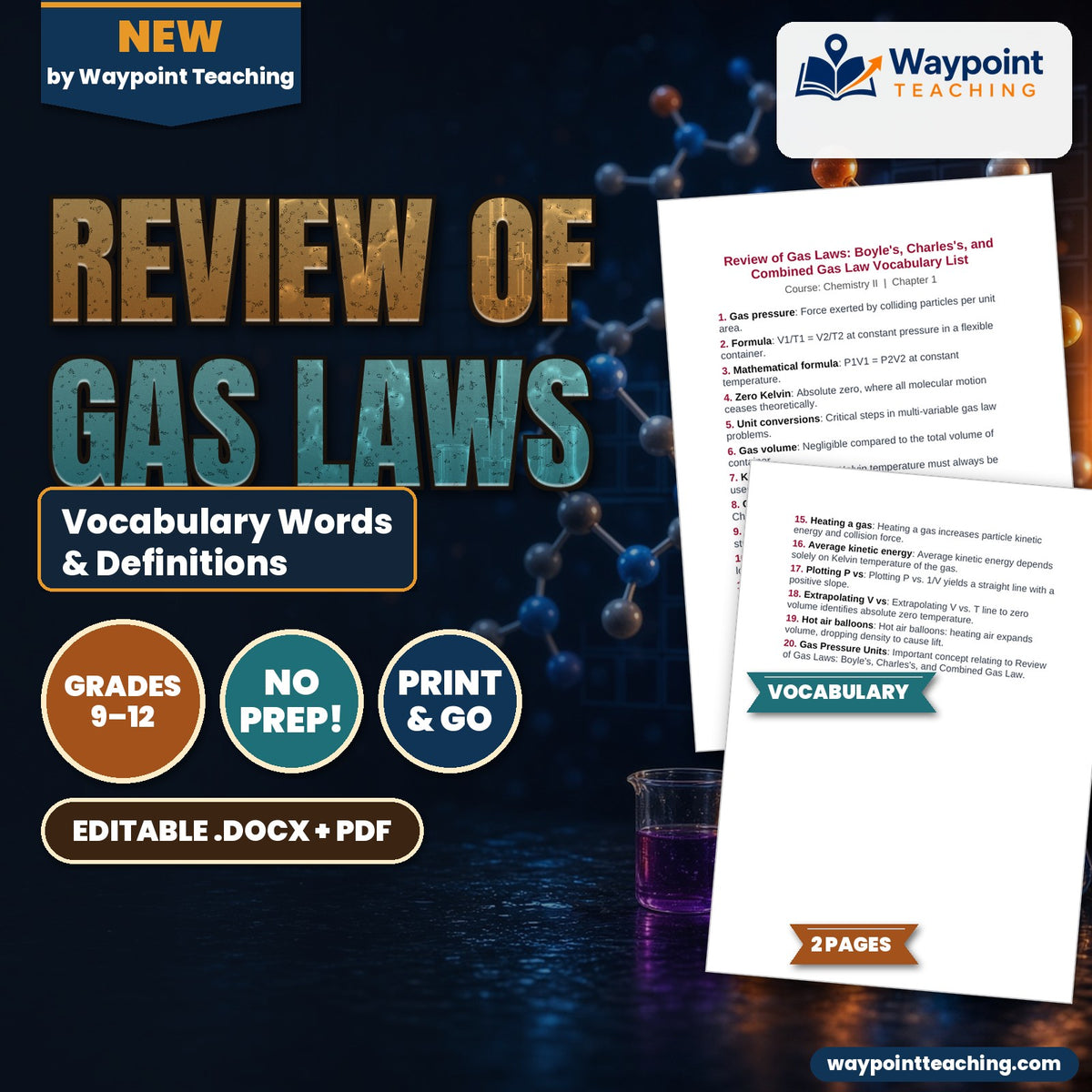 Review of Gas Laws: Boyle's, Charles's, & Combined Gas Law Vocabulary Words & Definitions cover