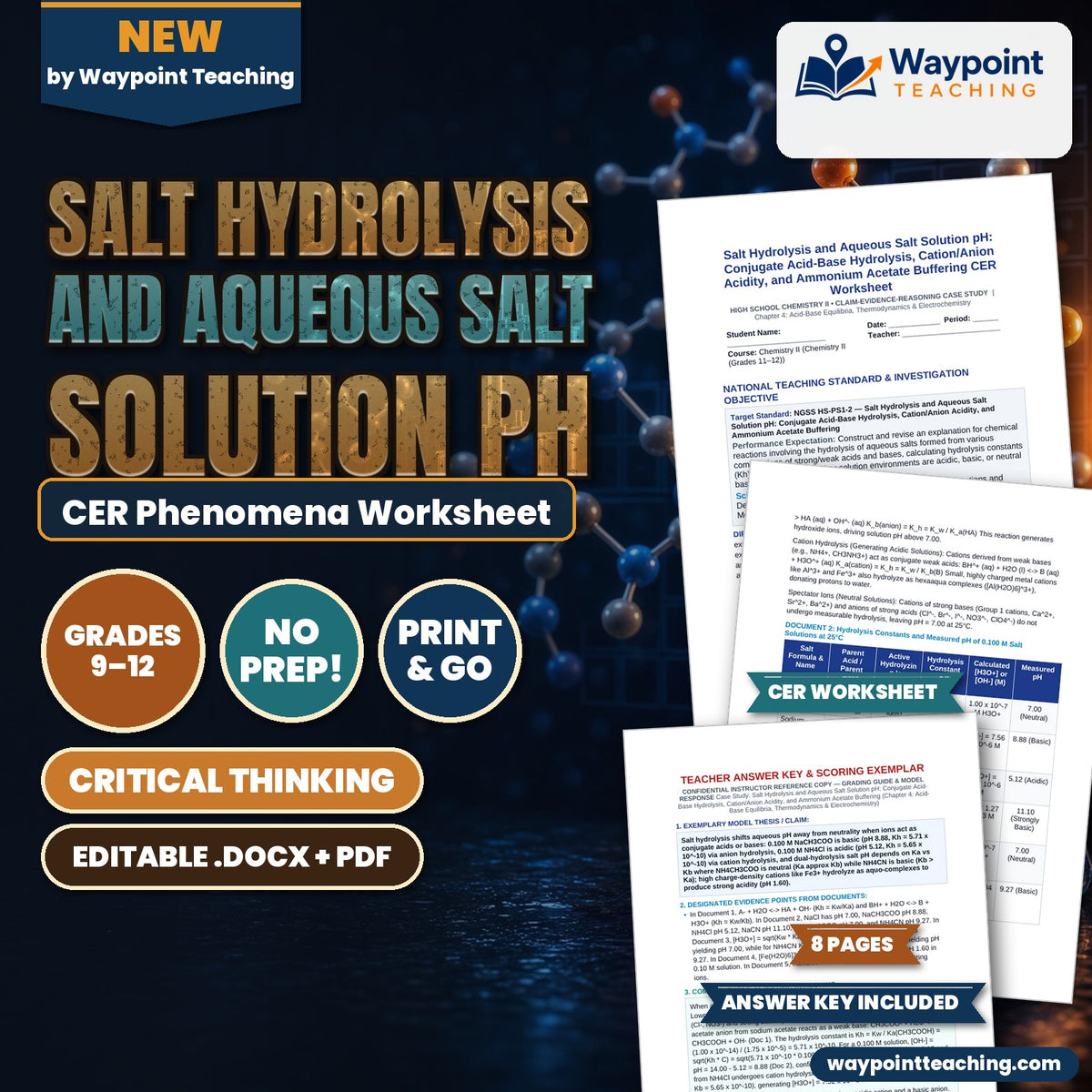 Salt Hydrolysis and Aqueous Salt Solution pH: Conjugate Acid-Base Hydrolysis, Cation/Anion Acidity, and Ammonium Acetate Buffering CER Phenomena Worksheet cover