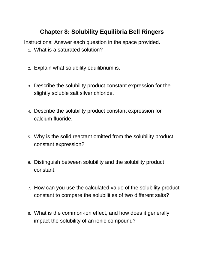 Solubility Equilibria Bell Ringers & Exit Tickets sample page