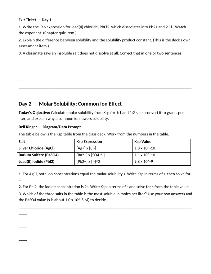 Solubility Equilibria Bell Ringers & Exit Tickets sample page