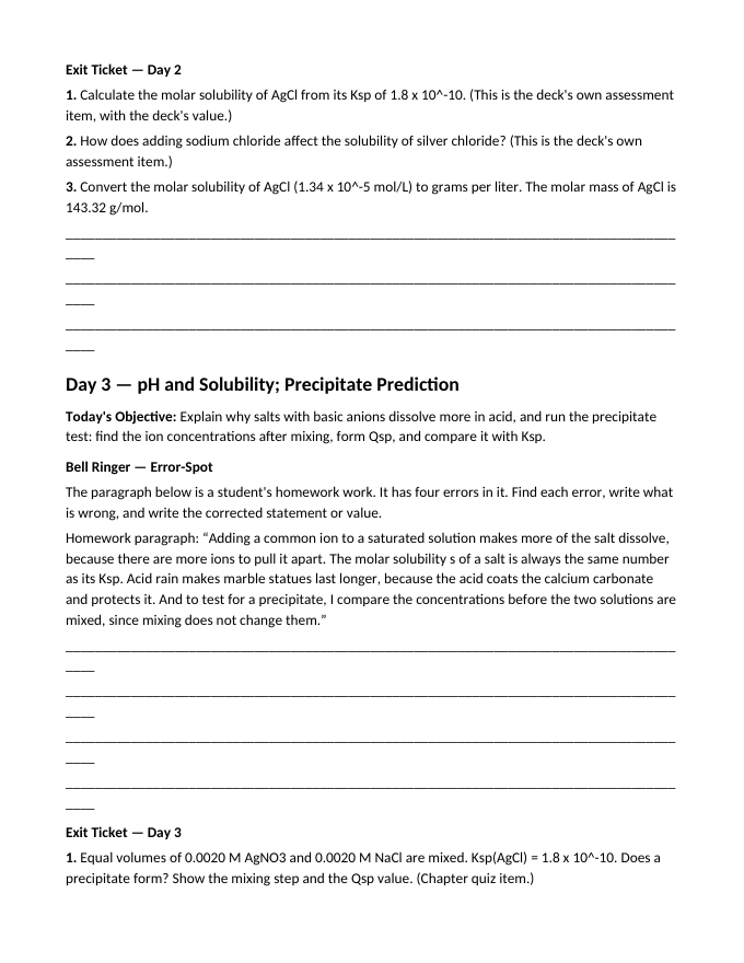Solubility Equilibria Bell Ringers & Exit Tickets sample page