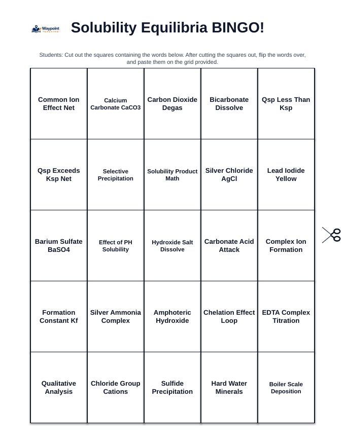 Solubility Equilibria BINGO Review Game sample page