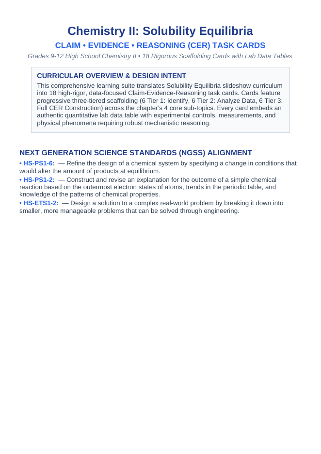 Solubility Equilibria CER Task Cards sample page