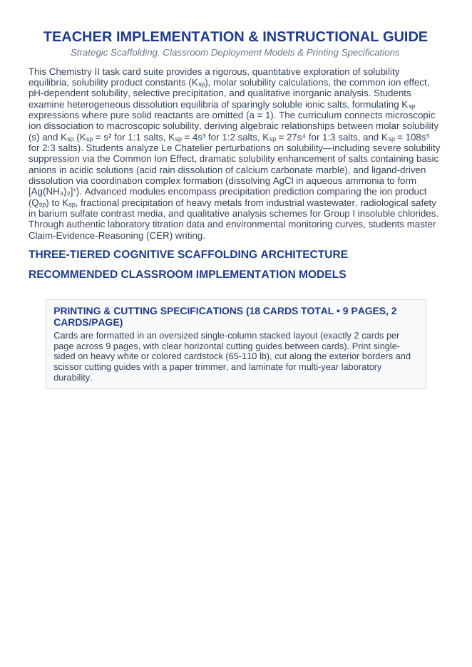 Solubility Equilibria CER Task Cards sample page