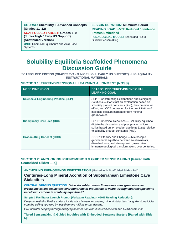 Solubility Equilibria Scaffolded Phenomena-Based Lesson: Centuries-Long Mineral Accretion of Subterranean Limestone Cave Stalactites Teacher Discussion Guide sample page