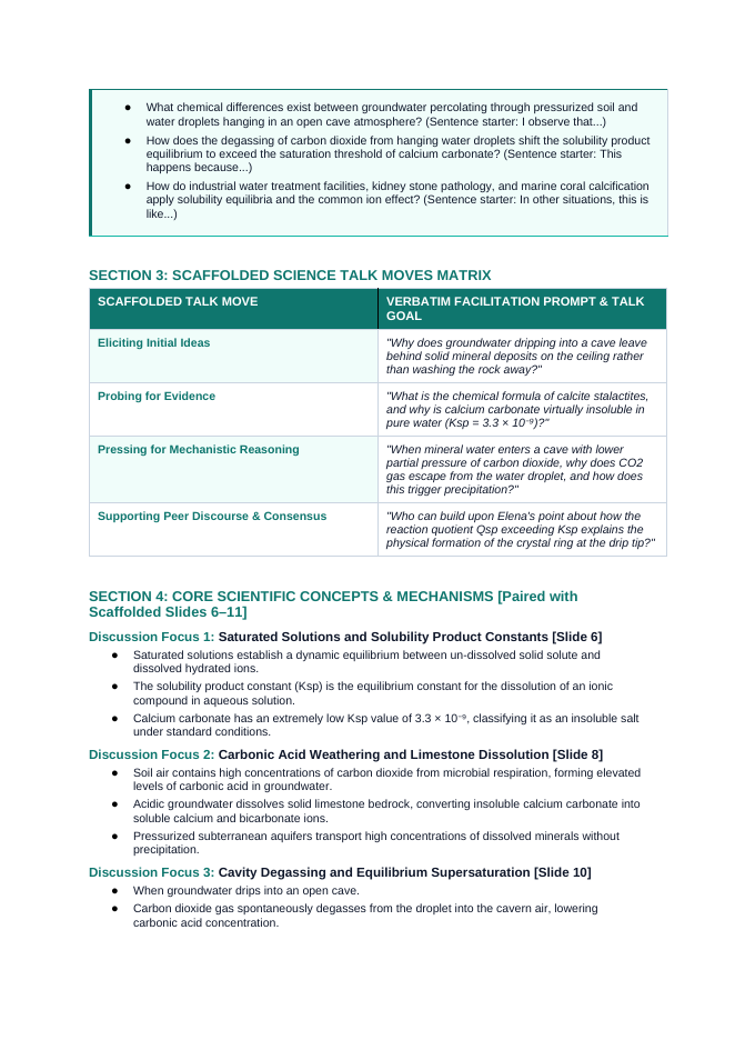 Solubility Equilibria Scaffolded Phenomena-Based Lesson: Centuries-Long Mineral Accretion of Subterranean Limestone Cave Stalactites Teacher Discussion Guide sample page