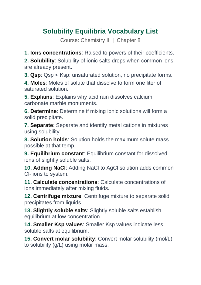 Solubility Equilibria Vocabulary Words & Definitions sample page