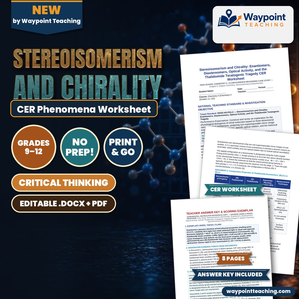 Stereoisomerism and Chirality: Enantiomers, Diastereomers, Optical Activity, and the Thalidomide Teratogenic Tragedy CER Phenomena Worksheet cover