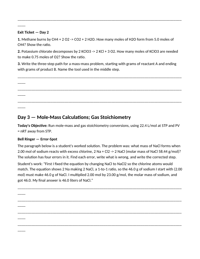 Stoichiometry & Mole Ratios Bell Ringers & Exit Tickets sample page