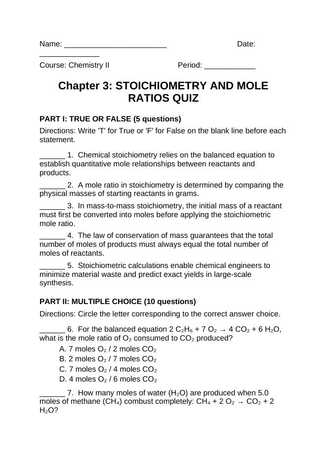 Stoichiometry & Mole Ratios Lesson Quiz sample page
