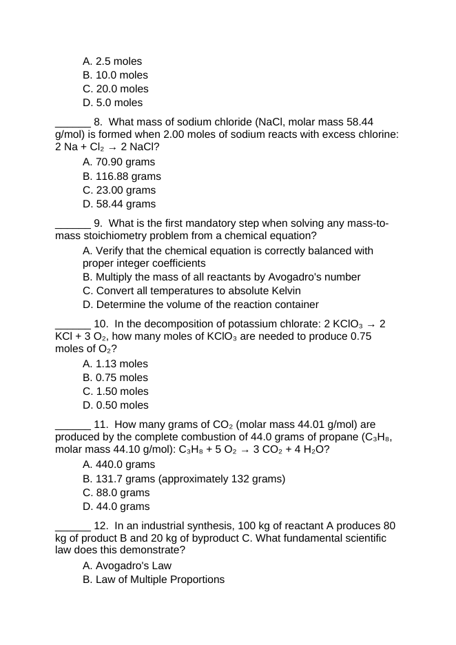 Stoichiometry & Mole Ratios Lesson Quiz sample page