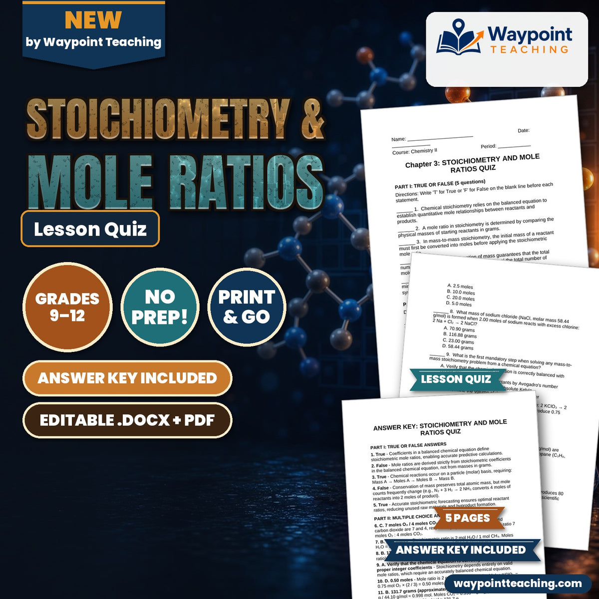 Stoichiometry & Mole Ratios Lesson Quiz cover