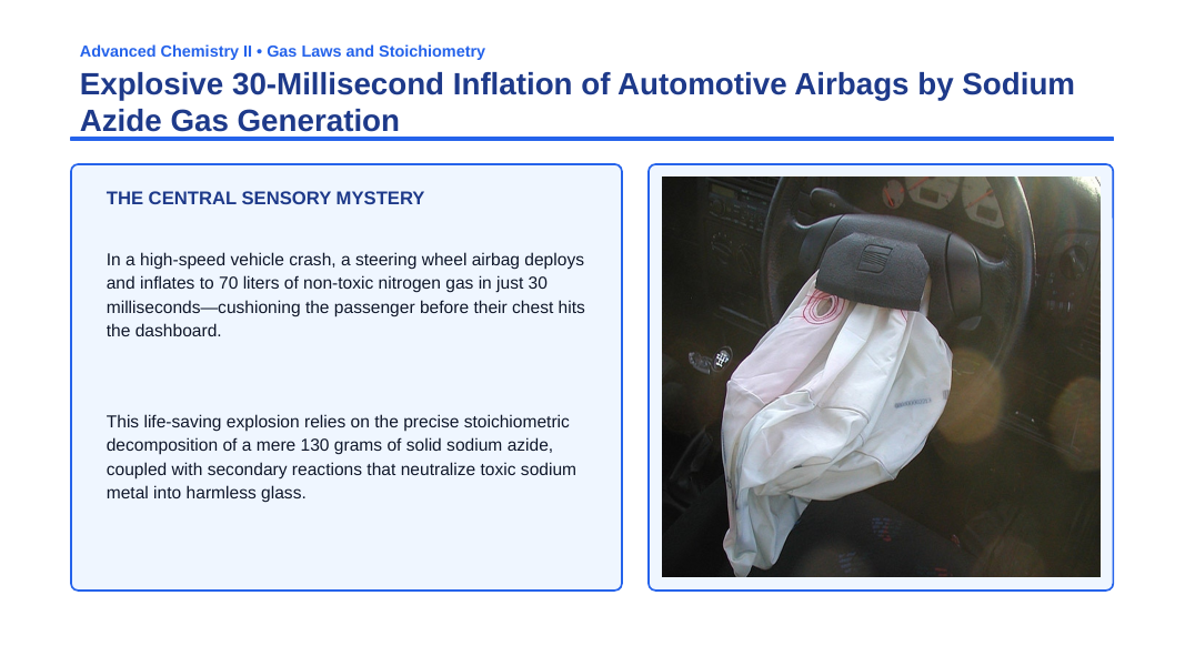 Stoichiometry & Mole Ratios Phenomena-Based Lesson: Explosive 30-Millisecond Inflation of Automotive Airbags by Sodium Azide Gas Generation Presentation sample page