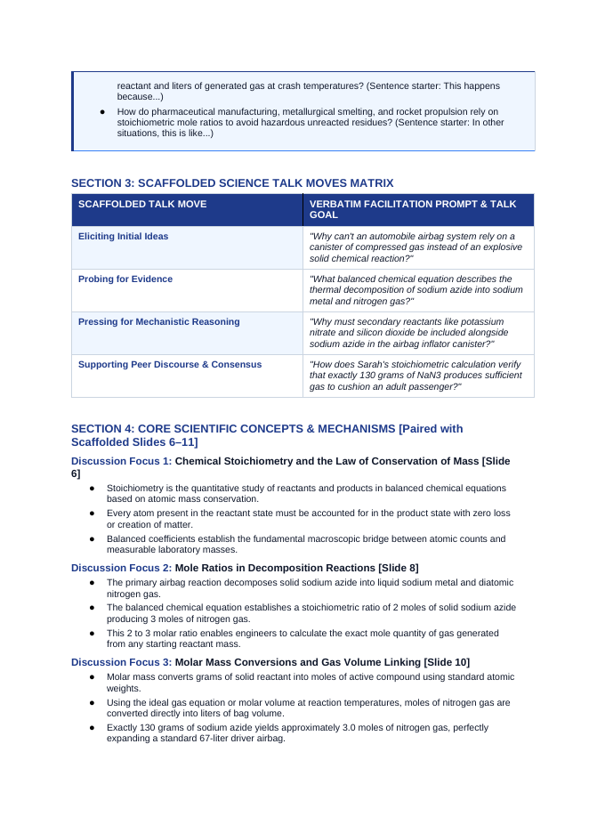 Stoichiometry & Mole Ratios Scaffolded Phenomena-Based Lesson: Explosive 30-Millisecond Inflation of Automotive Airbags by Sodium Azide Gas Generation Teacher Discussion Guide sample page