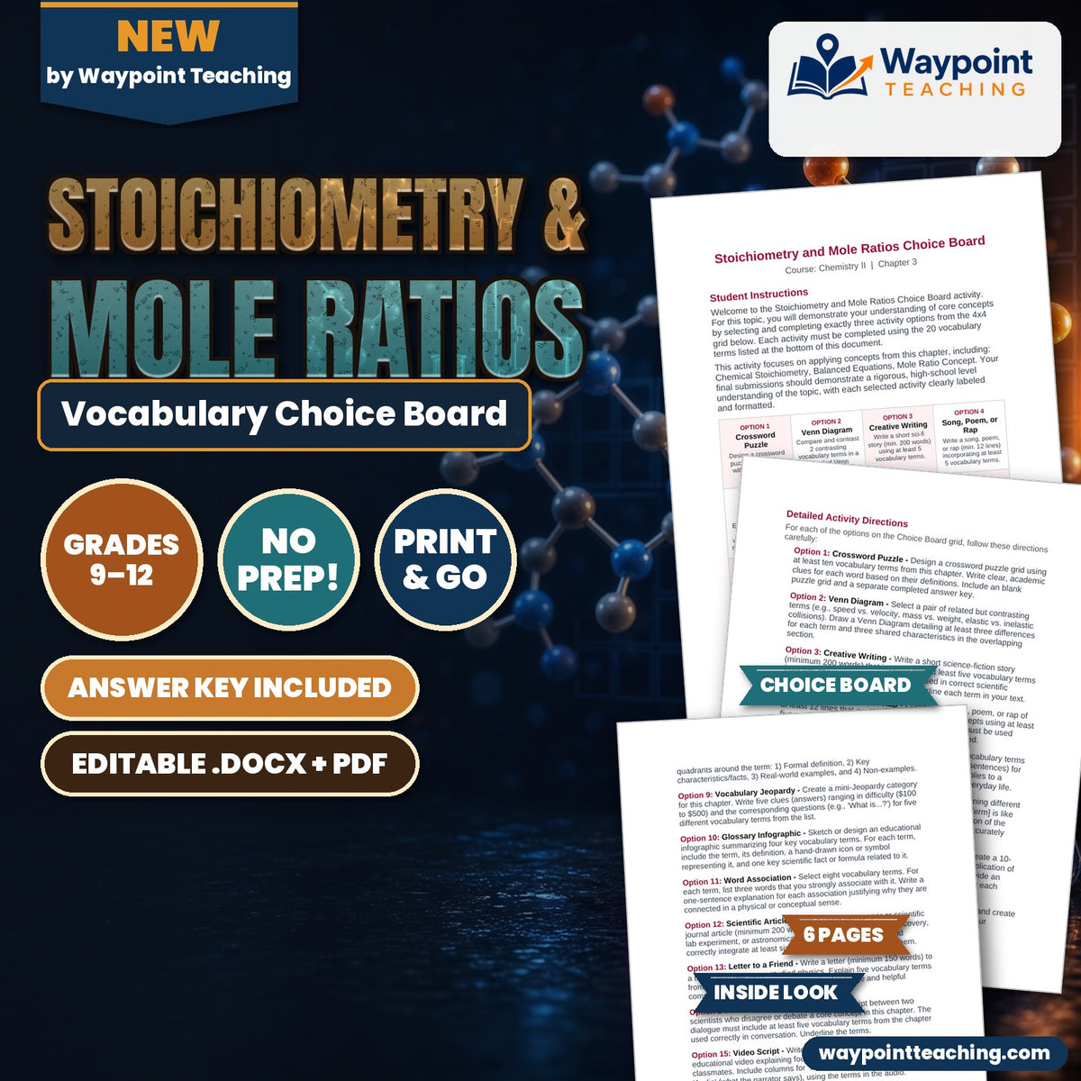 Stoichiometry & Mole Ratios Vocabulary Choice Board cover