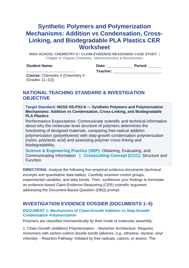 Synthetic Polymers and Polymerization Mechanisms: Addition vs Condensation, Cross-Linking, and Biodegradable PLA Plastics CER Phenomena Worksheet sample page