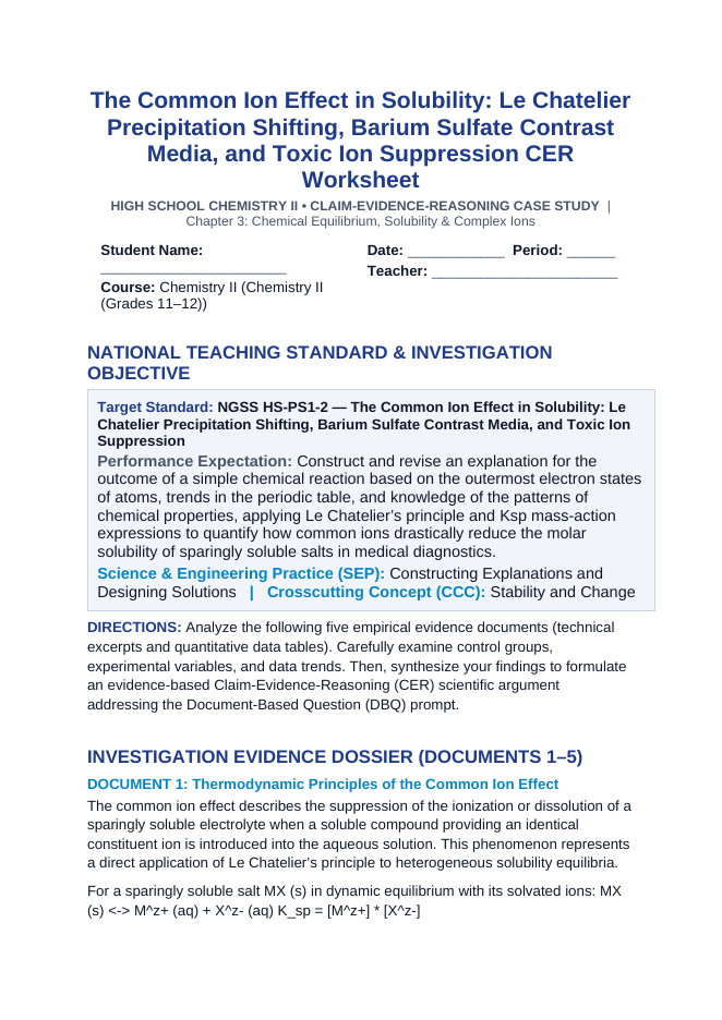 The Common Ion Effect in Solubility: Le Chatelier Precipitation Shifting, Barium Sulfate Contrast Media, and Toxic Ion Suppression CER Phenomena Worksheet sample page