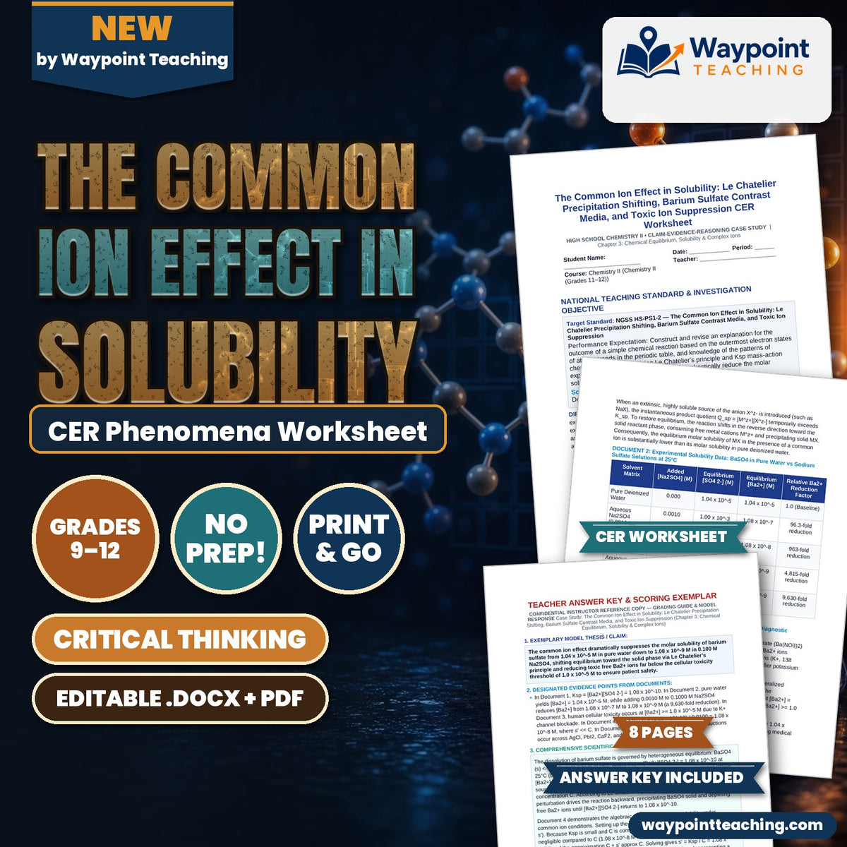 The Common Ion Effect in Solubility: Le Chatelier Precipitation Shifting, Barium Sulfate Contrast Media, and Toxic Ion Suppression CER Phenomena Worksheet cover