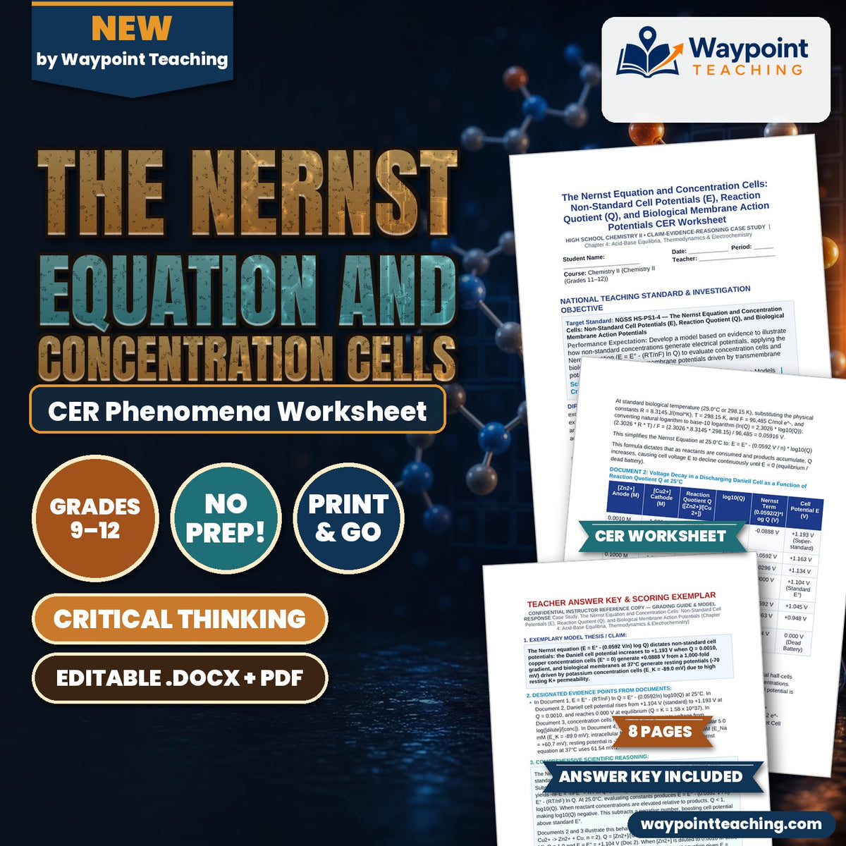 The Nernst Equation and Concentration Cells: Non-Standard Cell Potentials (E), Reaction Quotient (Q), and Biological Membrane Action Potentials CER Phenomena Worksheet cover