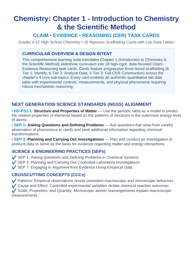 Introduction to Chemistry & the Scientific Method CER Task Cards sample page