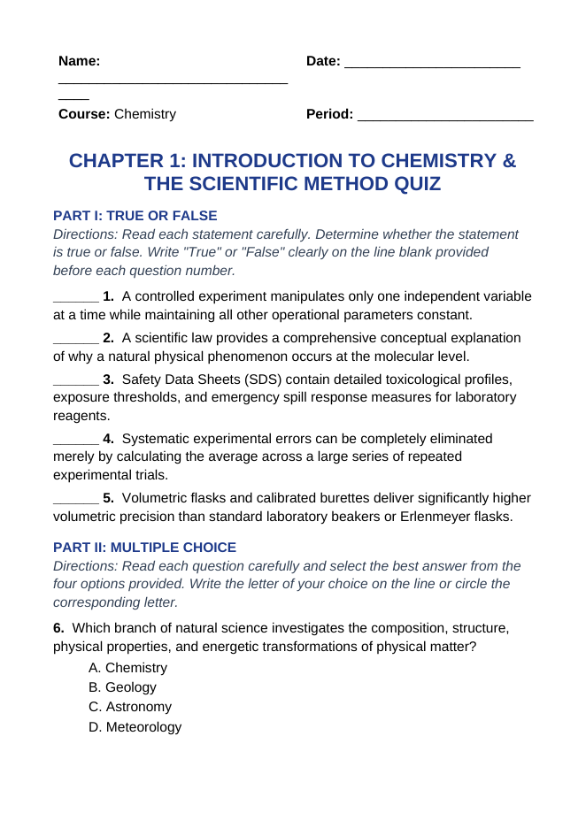 Introduction to Chemistry & the Scientific Method Lesson Quiz sample page