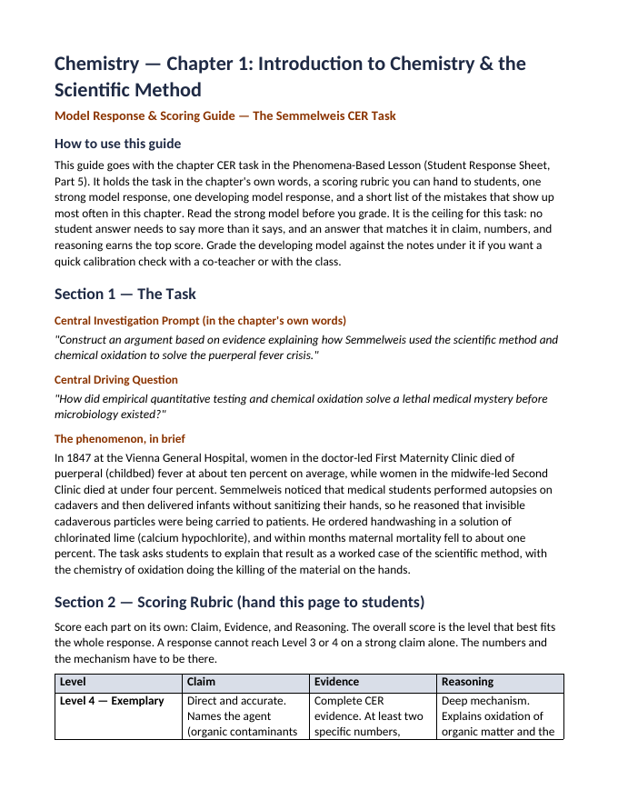 Introduction to Chemistry & the Scientific Method Model Response & Scoring Guide sample page