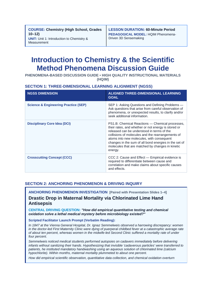 Introduction to Chemistry & the Scientific Method Phenomena-Based Lesson: Drastic Drop in Maternal Mortality via Chlorinated Lime Hand Antisepsis Teacher Discussion Guide sample page