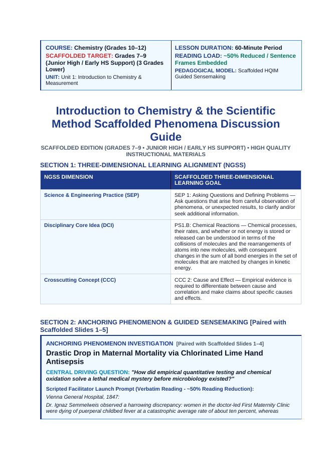 Introduction to Chemistry & the Scientific Method Scaffolded Phenomena-Based Lesson: Drastic Drop in Maternal Mortality via Chlorinated Lime Hand Antisepsis Teacher Discussion Guide sample page