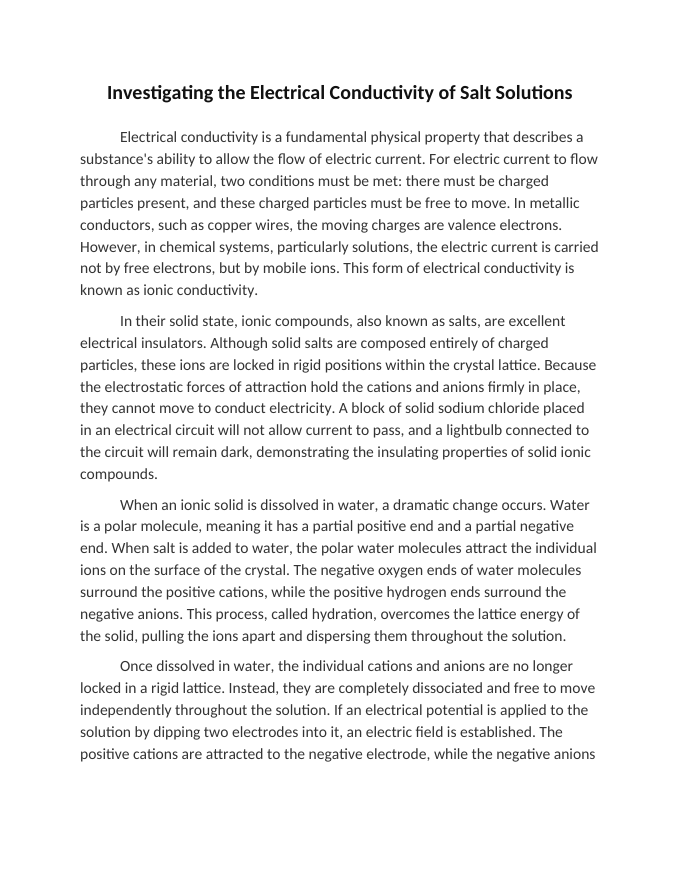 Investigating the Electrical Conductivity of Salt Solutions Reading Worksheet sample page