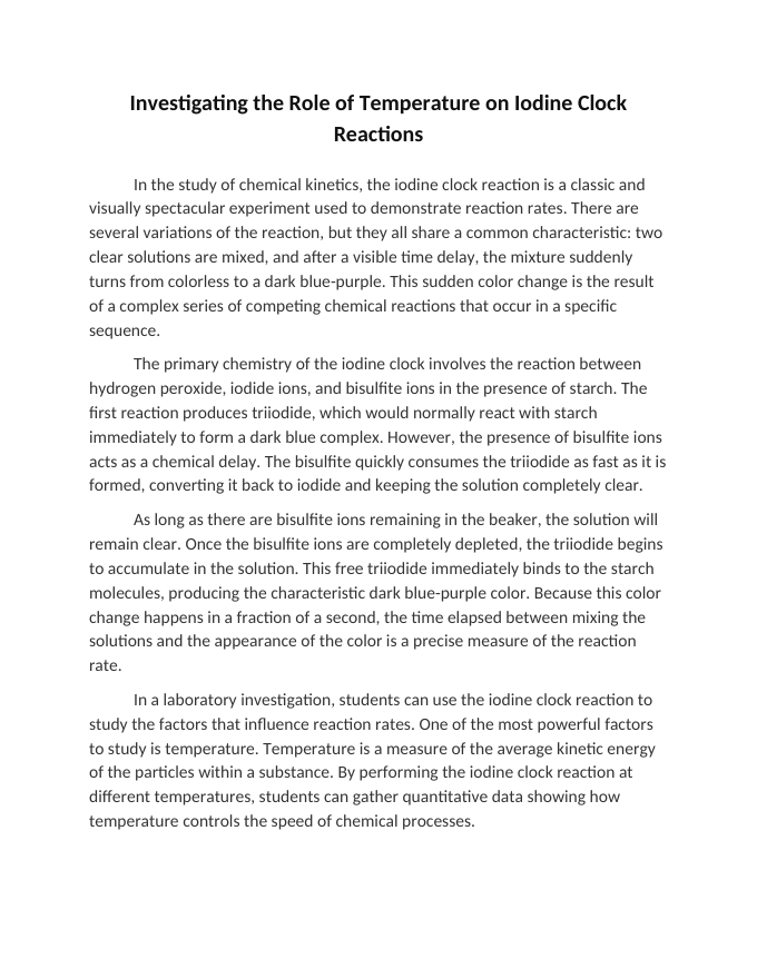 Investigating the Role of Temperature on Iodine Clock Reactions Reading Worksheet sample page