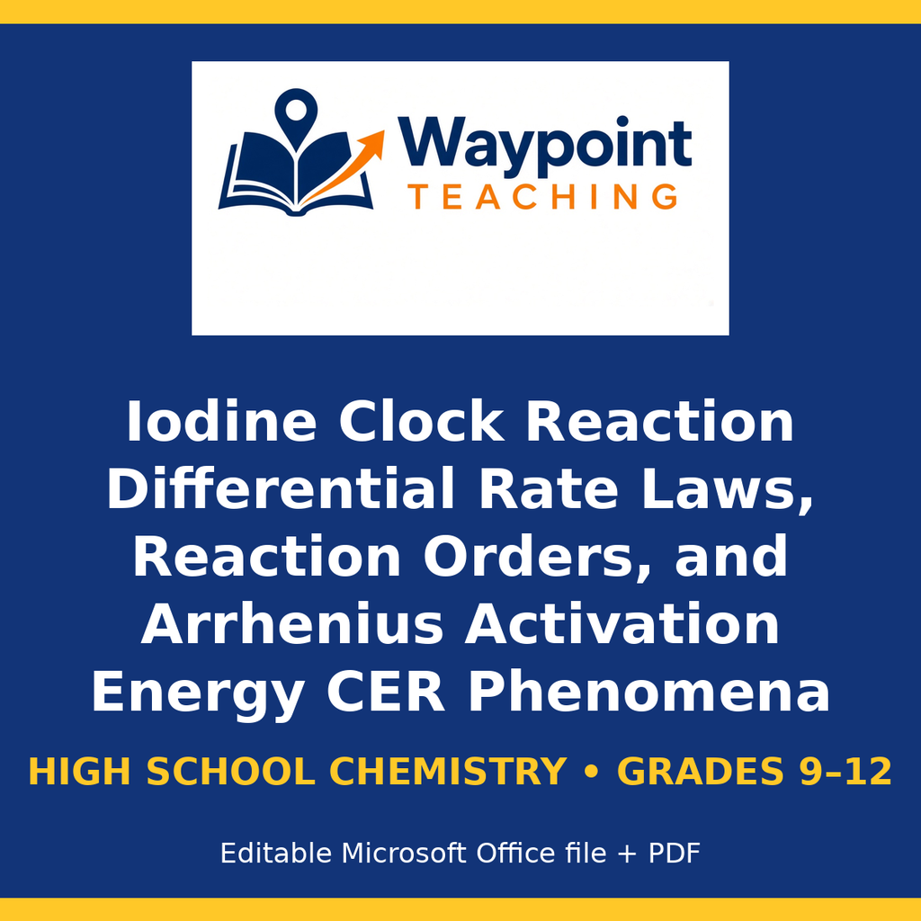 Iodine Clock Reaction Differential Rate Laws, Reaction Orders, and Arrhenius Activation Energy CER Phenomena Worksheet cover